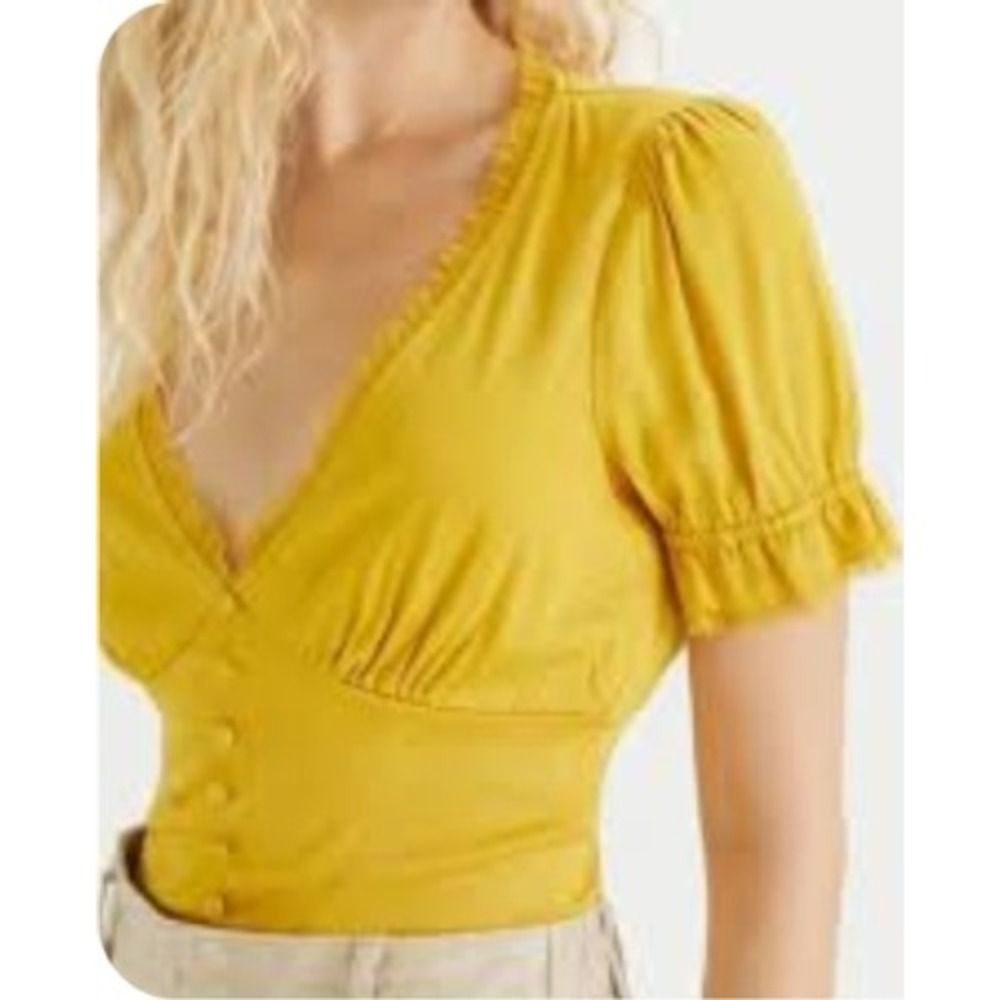 Urban Outfitters Yellow Mustard Button Up V Neck Cropped Puff Sleeve Top L G